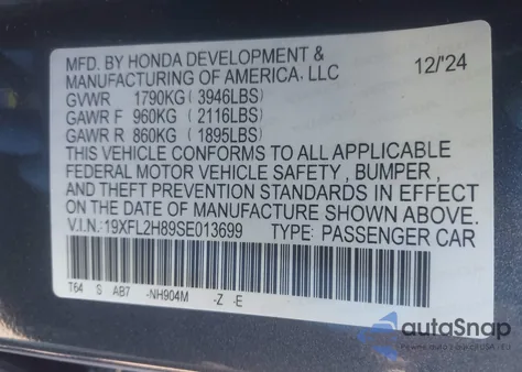 2025 Honda Civic Sport z USA, uszkodzony, nr VIN 19XFL2H89SE013699